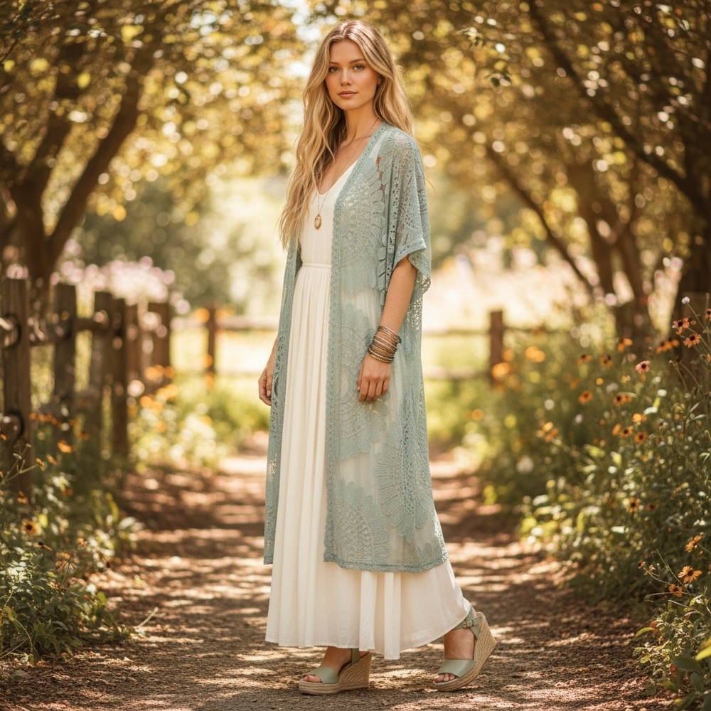 Rebellion Again Sage Green Sheer Lace Floral Kimono/Swim Cover